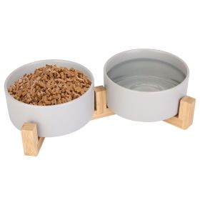 Double 28.7Oz Ceramic Pet Bowls Dog Cat Bowls with Wooden Stand Raised Pet Feeder for Small Dogs Cats Double 28.7Oz Ceramic Pet Bowls Dog Cat Bowls with Wooden Stand Raised Pet Feeder for Small Dogs Cats